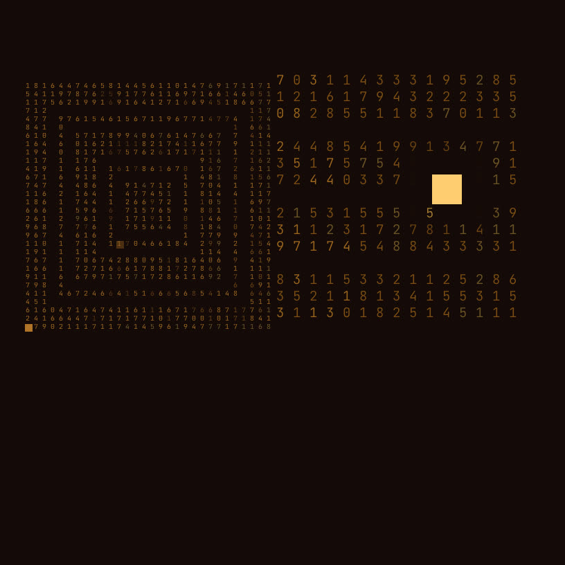 Fibonacci digits in two squares, in black and sunflower gold.
