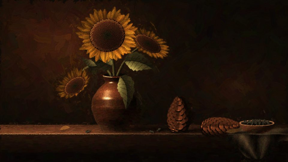 A still life made in code: sunflowers in an earthenware jug, pinecones and seeds on a stone ledge, in black, sienna, warm yellow and orange, with olive-green leaves.